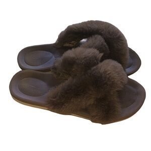 Women's CoFace Brown Fur Slipper Sandals with Rubber Soles